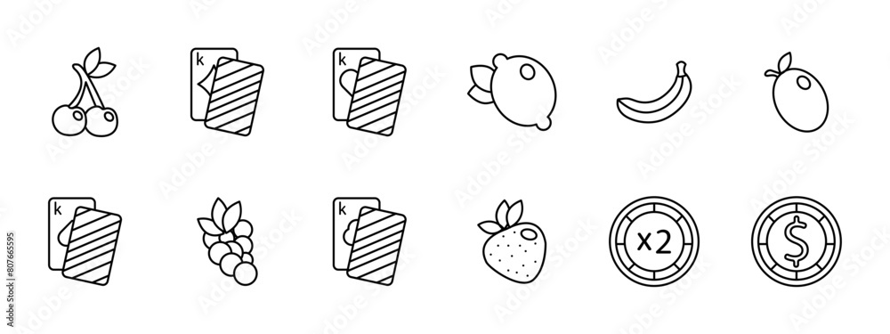 Casino set icon. Cards, suits, fruits, win, bet, doubling, chip, money, king, diamond, hearts, spades, banana, risks, excitement, ardor, lemon, cherry, strawberry, dollar, stake. Gambling concept.
