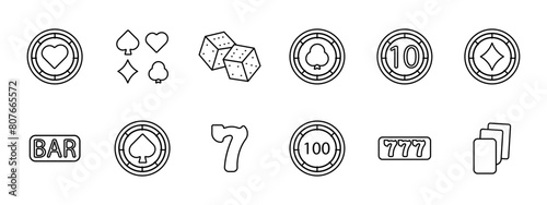Casino set icon. Coin, chip, bet, card suits, dice, spades, diamonds, hearts, crosses, dibs, 777, cards, win, stake, risks, excitement, ardor, passion, doubling, bar, shuffling. Gambling concept.