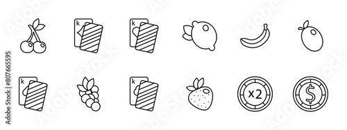 Casino set icon. Cards, suits, fruits, win, bet, doubling, chip, money, king, diamond, hearts, spades, banana, risks, excitement, ardor, lemon, cherry, strawberry, dollar, stake. Gambling concept.