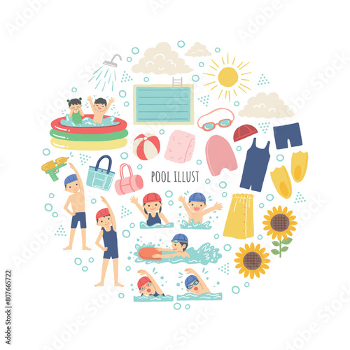 学校・スイミングスクールの水泳のイラスト　セット