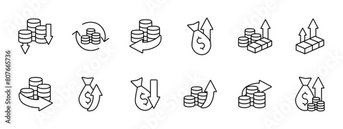 Money set icon. Coins, arrows, profits, losses, financial cycle, deposit, investment, increasing profits, bullion, dollar, bank transfer, large amount of money. Working with money concept.