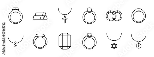 Jewelry set icon. Ring, diamond, adamant, cross, wedding rings, gemstone, luxury, heart, gift, chain, annulus, hoop, emerald, amethyst, sapphire. Expensive gifts concept.