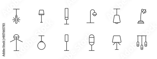 Icon set lamps. Lamps, fixtures, lighting, light, chandelier, lantern, light bulb, illumination, concept, variety, tube, illuminator, glow, luster. Choice concept.