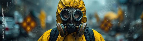 A biohazard cleanup worker decontaminating a site, fully covered in a hazmat suit with proper signage around the area photo