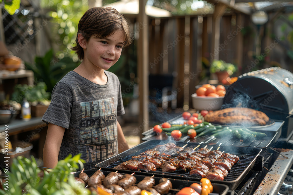 Family BBQ time with kids helping grill smoky meats and fresh vegetables.. AI generated. Family BBQ time with kids helping grill smoky meats and fresh vegetables.. AI generated.