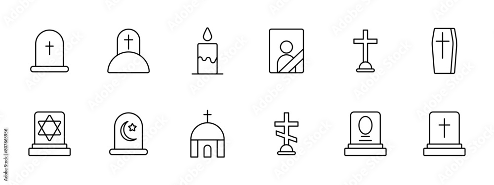 Funeral set icon. Grave, cross, Christianity, faith, burial, mound, candle, flame, portrait, ritual photo on monument, coffin, Turkish funeral traditions, temple, funeral slab. Obsequies concept. Funeral set icon. Grave, cross, Christianity, faith, burial, mound, candle, flame, portrait, ritual photo on monument, coffin, Turkish funeral traditions, temple, funeral slab. Obsequies concept.