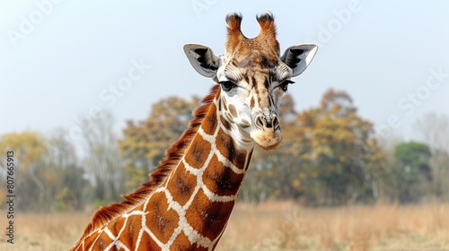 A tall giraffe stands in the middle of a field, looking at the camera with a slightly annoyed expression on its face. photo