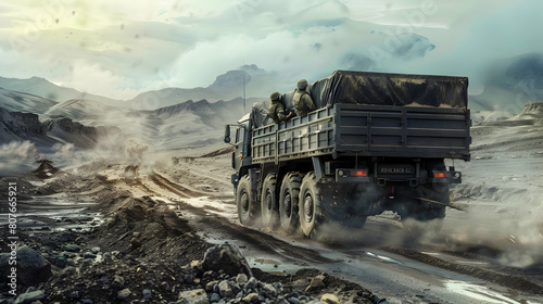 A military transport truck carrying troops through rugged terrain photo