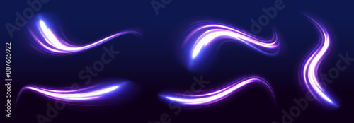 Rotating dynamic neon circle. Colored shiny sparks of spiral wave. Curved bright speed line swirls. Abstract background rotational border lines.	 photo