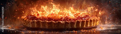 A brooding pie with a crust that cracks open to reveal glowing, redhot filling photo