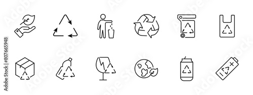 Ecology set icon. Recycling, plastic, reuse, glass, garbage, environmental pollution, bionomics, battery, lithium battery, hand and leaf, bottle. Environment care concept.