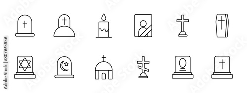Funeral set icon. Grave, cross, Christianity, faith, burial, mound, candle, flame, portrait, ritual photo on monument, coffin, Turkish funeral traditions, temple, funeral slab. Obsequies concept.