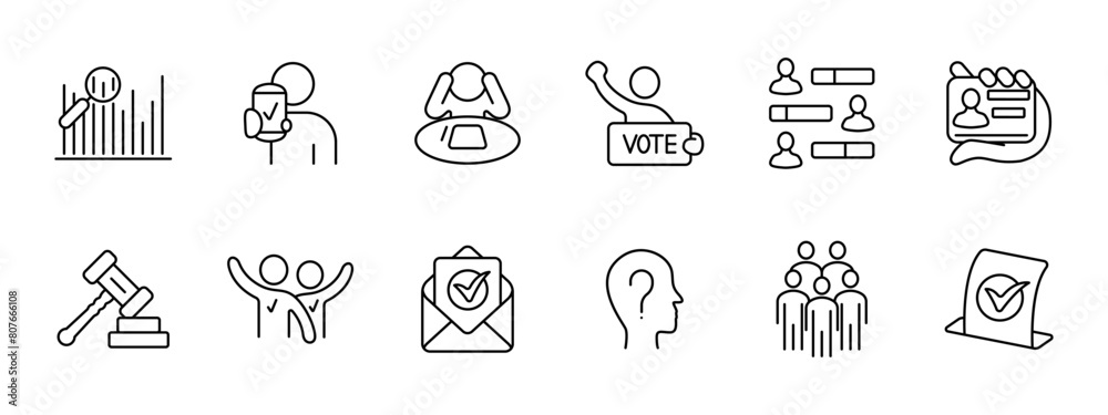 Elections set icon. Magnifying glass, statistics, vote for candidate, sign, reflection, communication, discussion, ID card, envelope, letter, voter, group of people, ballot. Voting concept.