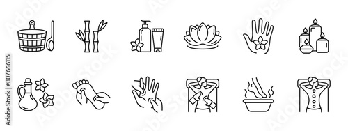 Sauna set icon. Basin with ladle, bamboo, creams and balms, lotus, unity with nature, flower, lighting, candle aroma, feet, foot, arm, back massage, warm water, stone therapy. Relaxation concept.