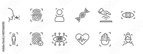 Identification set icon. Voice, analysis, recognition, fingerprint, scanning, verification, DNA, signal, eye, ocular retina, analysis, heartbeat, hand, face, face ID, success, human silhouette.