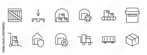 Delivery set icon. Online shopping, box, port, sea container, stuffing, warehouse, star, hangar, box, shield, lock, stretcher, cardboard box. Cargo transportation concept.