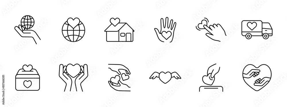 Charity set icon. Helping those in need, heart, palms, hands, van, peace, feelings, postcards, wings, protection, support, assistance, aftercare, humanitarian aid, financial support. Helping concept.