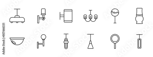 Icon set lamps. Lamps, fixtures, lighting, light, chandelier, luminous sign, light bulb, illumination, lantern, variety, tube, illuminator, glow, luster. Choice concept.