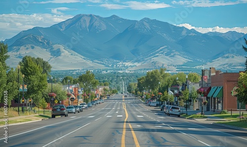 Downtown Bozeman, Montana seen from afar with mountains in the background photo