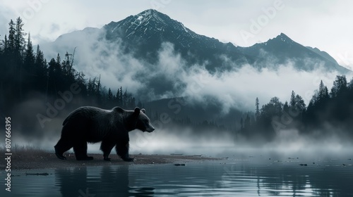 Grizzly bear walking along the shore of a lake with a beautiful mountain landscape in the background