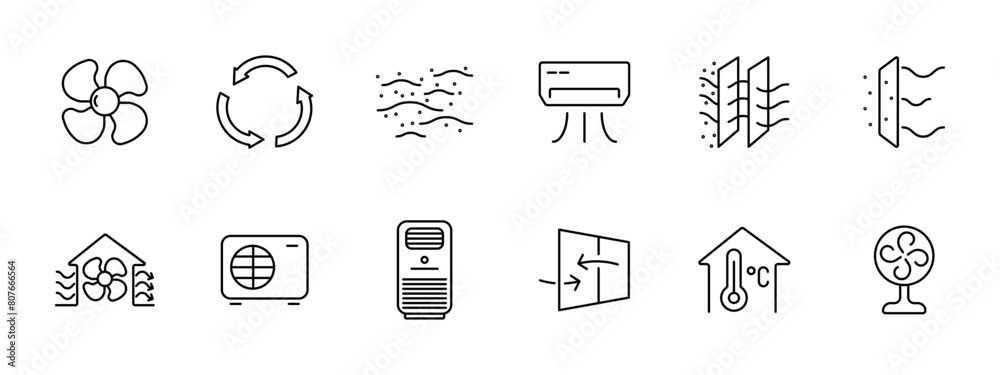 Ventilation set icon. Blades, circulation, air, dust, air conditioner, protective layers against dust, filtration, air heater, portable air conditioner, temperature control, fan. Aeration concept.