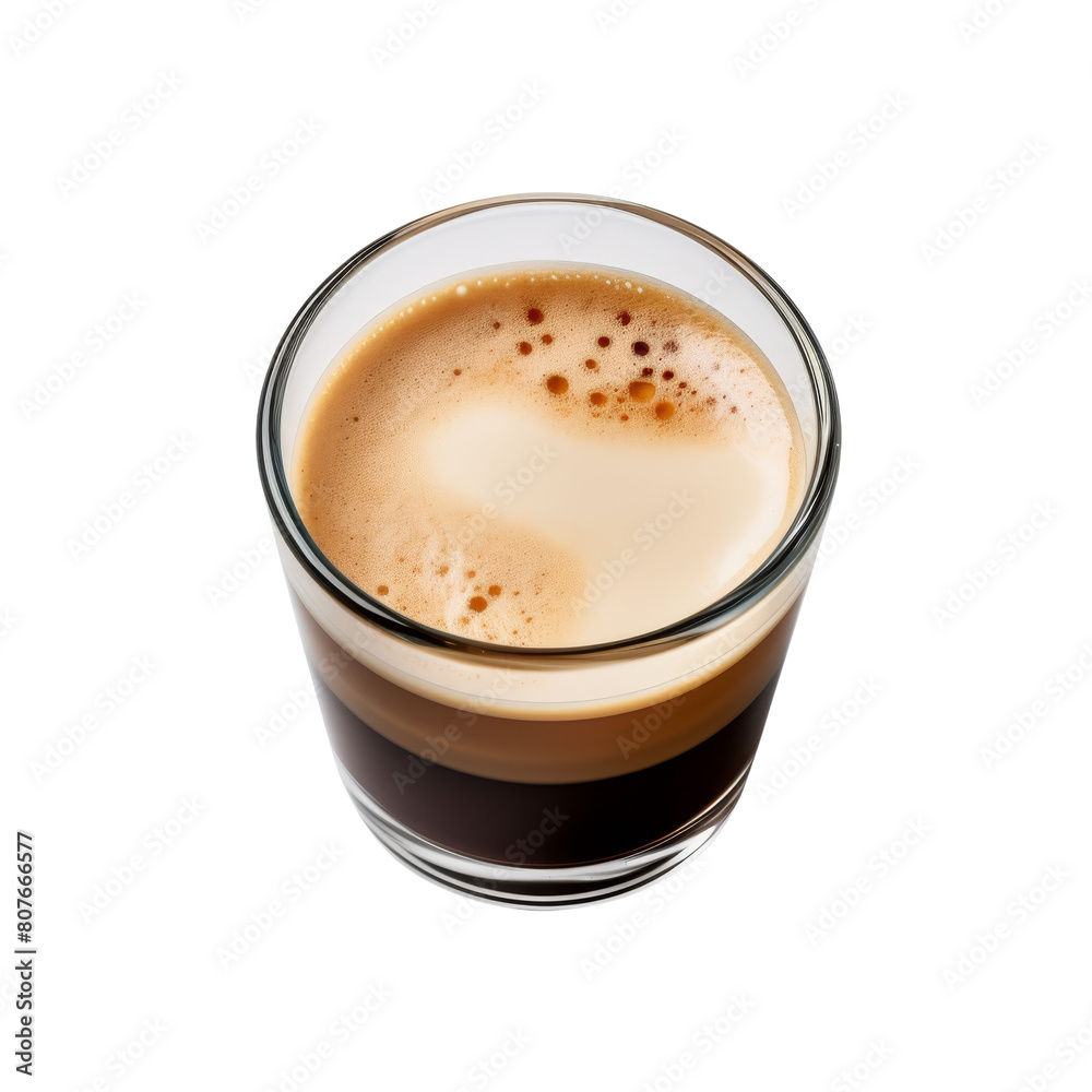 Small cup of strong black coffee with foam on the top isolated on transparent background.