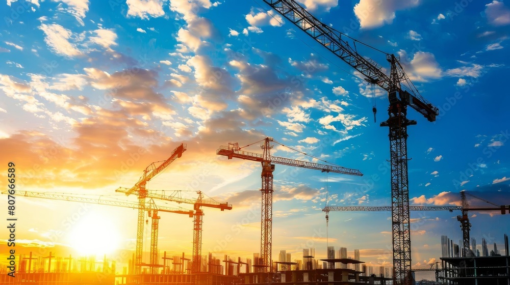 A construction site with tower cranes against the backdrop of a setting sun. A construction site with tower cranes against the backdrop of a setting sun.
