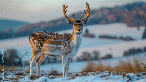 A majestic fallow deer stands in the snow-covered field, its antlers glistening in the sunlight. photo