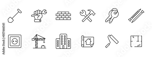 Construction set icon. Shovel, key, hand, wall, brick, hammer, cross, bunch of keys, nail, screw, crane, houses, construction plan, roller, painting, apartment layout. Building concept.
