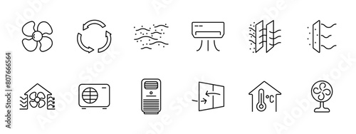 Ventilation set icon. Blades, circulation, air, dust, air conditioner, protective layers against dust, filtration, air heater, portable air conditioner, temperature control, fan. Aeration concept.
