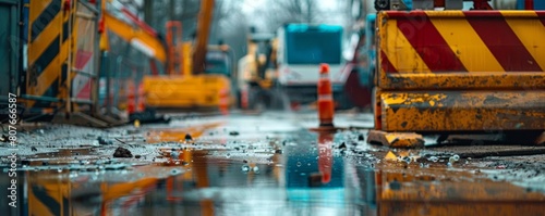 A close-up of a traffic cone and a road barrier with a blurred background of a construction site. The road is wet and there are puddles of water on the ground. photo