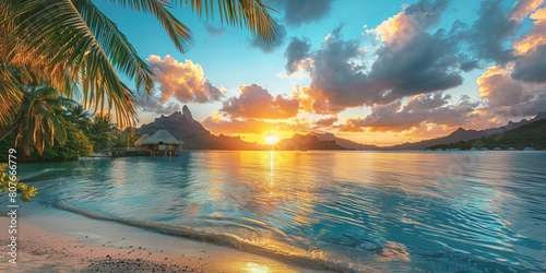 Paradise get-away Environment in Bora Bora. Tourism wallpaper with Majestic Sunrise Beach.