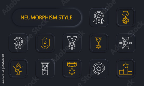 Icon set awards. Medal, podium, competition, first place, badge, star, badge, order, reward for work, competition, laurel, honor, pin, honor, neomorphism. Awards concept.