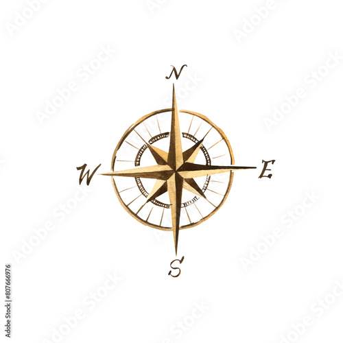 watercolor wind rose, navigation compass rose with cardinal direction, vintage brown, naval symbol, captain, sailor and travelers tool isolated on white background, for adventures illustrations