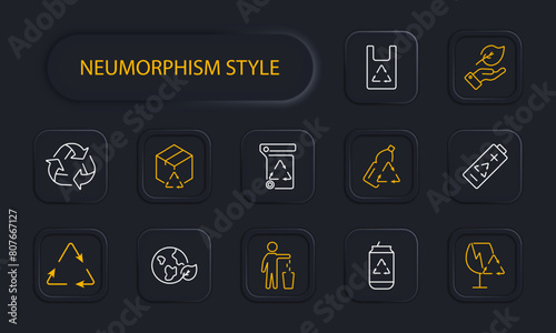 Ecology set icon. Recycling, plastic, reuse, glass, garbage, environmental pollution, bionomics, battery, lithium battery, hand and leaf, bottle, neomorphism. Environment care concept.