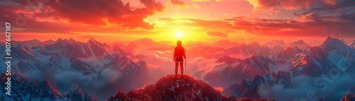 A cartoon mountain climber reaching the summit with a flag, against a backdrop of fiery sunrise colors photo