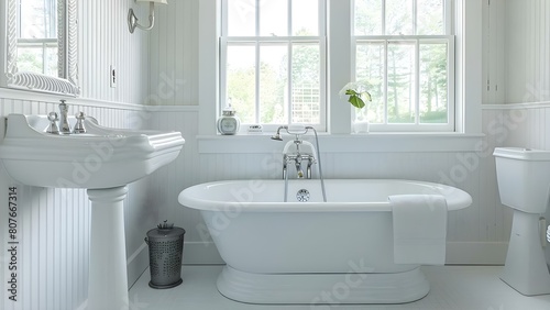 Victorianstyle white bathroom with natural light freestanding tub and pedestal sink. Concept Victorian Style, White Bathroom, Natural Light, Freestanding Tub, Pedestal Sink