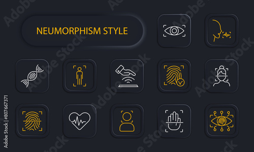 Identification set icon. Voice, analysis, recognition, fingerprint, scanning, verification, DNA, signal, eye, ocular retina, analysis, heartbeat, hand, face, ID, success, neomorphism, silhouette.