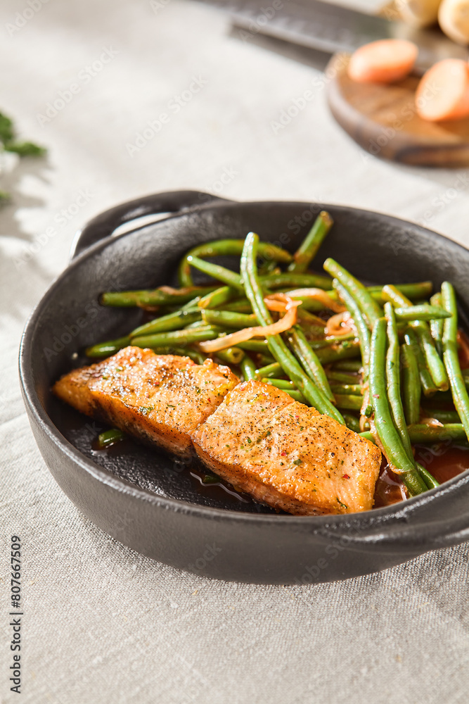 Delicious Salmon Steak with Green Beans Served in Modern Rustic Kitchen, Healthy Dinner Concept Delicious Salmon Steak with Green Beans Served in Modern Rustic Kitchen, Healthy Dinner Concept