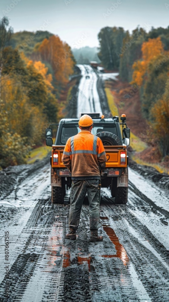 A man in an orange hard hat and reflective vest stands in the middle of a muddy road A man in an orange hard hat and reflective vest stands in the middle of a muddy road