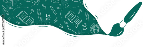 Back to School Banner. Brush Paints Cyberspace. Back to school doodles in chalkboard background