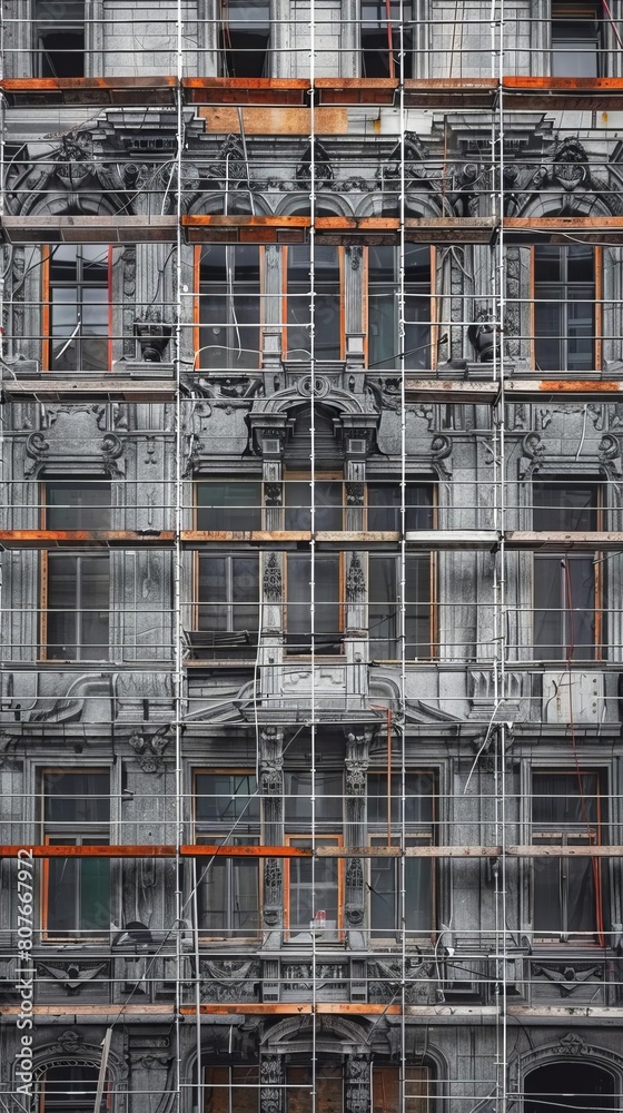 The building is covered in scaffolding and the facade is in disrepair. The building is covered in scaffolding and the facade is in disrepair.