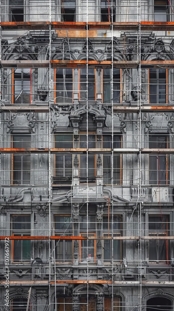 The building is covered in scaffolding and the facade is in disrepair.