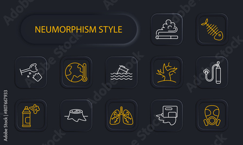 Waste set icon. Fish skeleton, refuse, tailings, cheeseparings, spray can, paint, lungs, glass, plastic, garbage in water, environmental pollution, gas mask, dead tree, neomorphism. Refuse concept.
