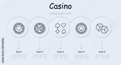 Casino set icon. Coin, chip, bet, card suits, dice, spades, infographic, hearts, crosses, dibs, 777, cards, win, stake, risks, excitement, ardor, passion, doubling, bar, shuffling. Gambling concept.