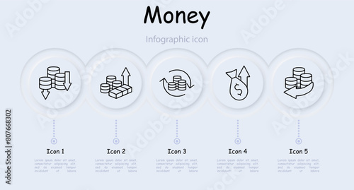 Money set icon. Coins, arrows, profit, losses, financial cycle, deposit, investment, increasing profit, bullion, dollar, bank transfer, large amount of money, infographic. Working with money concept.