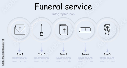 Seth Icon Funeral Home. Bible, cross, religion, Christianity, coffin, funeral, memorial, candle, sermon, infographic, graves, funeral service, letter, envelope. Burial concept.