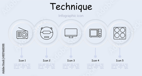 Appliances set icon. Radio, TV, monitor, computer, stove, microwave, robot cleaner, electronic scales, infographic, oven, neomorphism, clock. Modern technology concept.
