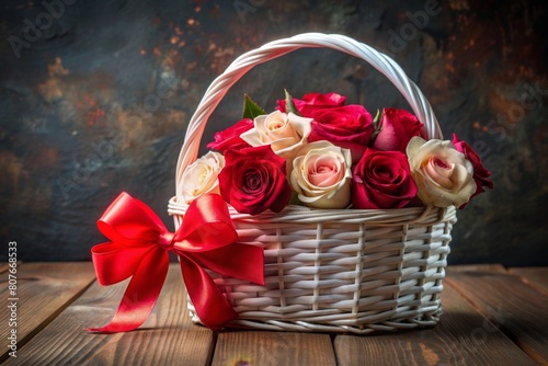 A white wicker basket adorned with red and pink roses rests on a light wooden surface complemented by a vibrant red gift ribbon set against a dark backdrop on a wooden table with ample