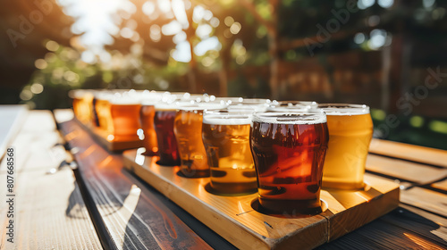 A wooden flight of ten beer tasters in various colors and levels of fullness sits on a wooden table outdoors in the sun. photo